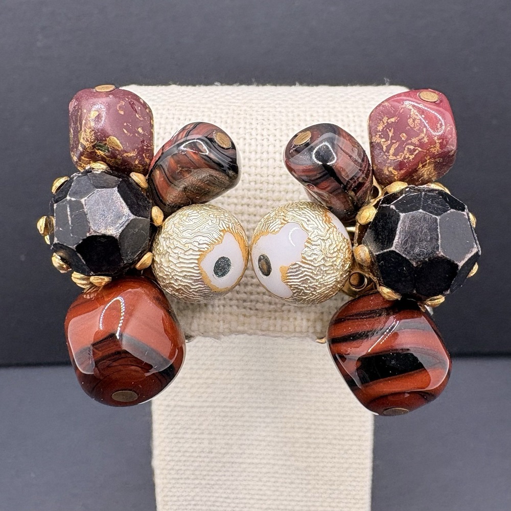 Vintage Hattie Carnegie Glass Beaded Cluster Gold Tone Clip On Earrings READ